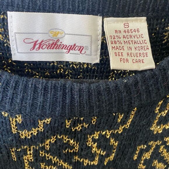 VTG Worthington Black/Gold Floral Print Crewneck Sweater Sz M - Picture 9 of 9